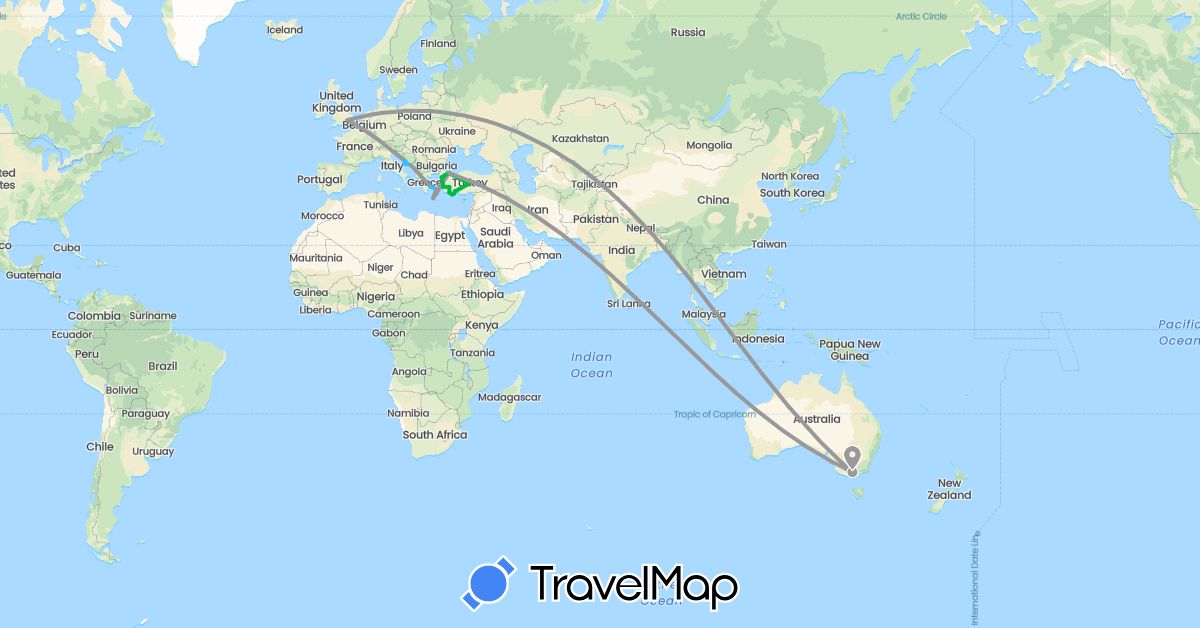 TravelMap itinerary: driving, bus, plane, boat in Australia, United Kingdom, Greece, Croatia, Turkey (Asia, Europe, Oceania)